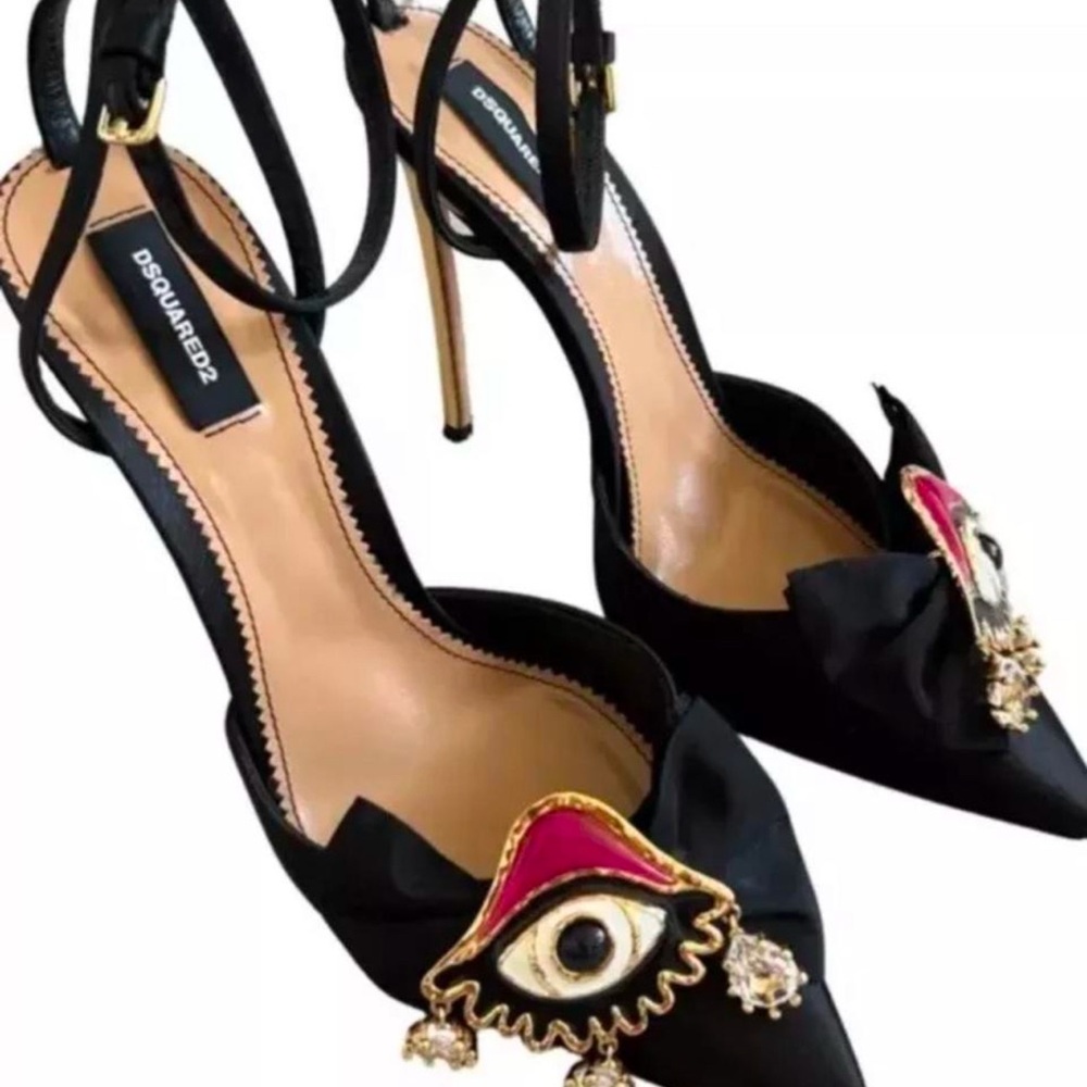 Black Stiletto Heels with Eye Embellishment and Ankle Straps